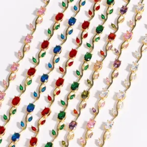 Wholesale Trendy Color Zirconia Branch Bracelet Copper Material Leaf Wave Bohemian Style Women's Jewelry Accessories Hand Chain