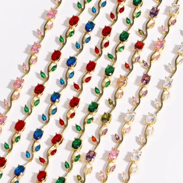 Wholesale Trendy Color Zirconia Branch Bracelet Copper Material Leaf Wave Bohemian Style Women's Jewelry Accessories Hand Chain