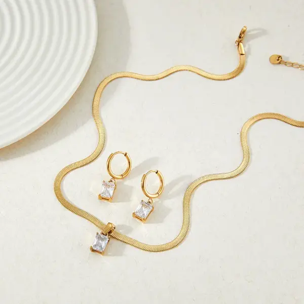 Wholesale Jewelry Fashion Square 304 Stainless Steel Zircon 16K Gold Plated White Gold Plated Gold Plated Inlay Stainless Steel Jewelry Sets