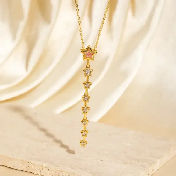 Wholesale French Retro Long Geometric Pendant Necklace For Women, Multicolor Gemstone Heart And Star Design, Unique Jewelry Accessory