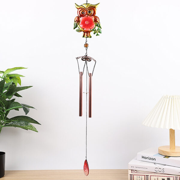 Wholesale Cross-Border Hot Selling Wind Chime Owl Iron Metal Hanging Ornaments Glass Painted Spray Paint Crafts Pendant Courtyard Garden