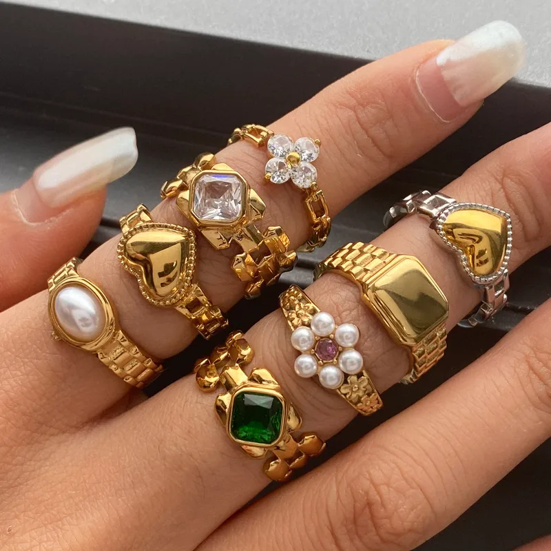 Wholesale 304 Stainless Steel Geometric PVD Coated 18K Real Gold Plated Real Gold Plated Casual Vacation Commute Waterproof Non Tarnish Mixed Metal Ri