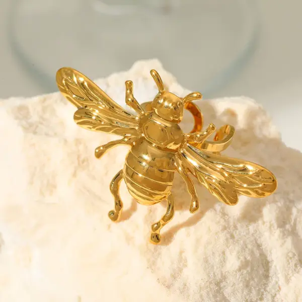Wholesale Jewelry Retro Exaggerated Artistic Flower Bee Spiral 304 Stainless Steel 18K Gold Plated Plating Open Rings