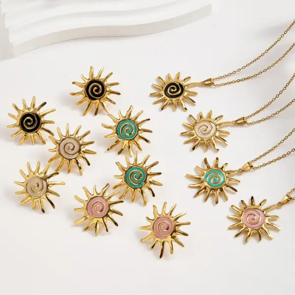 Wholesale European And American Trendy Fashion INS Style 304 Stainless Steel Colorful Oil Drop Sun Water Plated Imitation Gold Jewelry Necklace Set