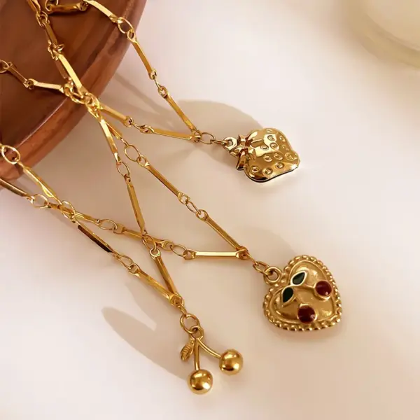 Wholesale 304 Stainless Steel Cherry Strawberry PVD Coated Enamel Real Gold Plated Japanese Style Sweet Commute Waterproof Non Tarnish Surgical Steel Bamboo Necklace Lobster Trigger Clasp Closure Gold Pendant Necklace