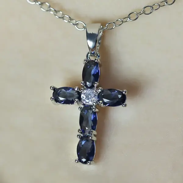 Wholesale Fashion Simple Copper Inlaid Blue Oval Zircon Cross Pendant Necklace