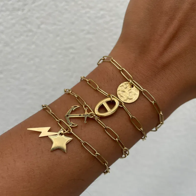 Wholesale IG Style Basic Geometric Sun Moon 304 Stainless Steel 18K Gold Plated Paperclip Chain Bracelets In Bulk