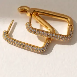 A Pair Brass Zircon Classic Geometric Hoop Earrings
