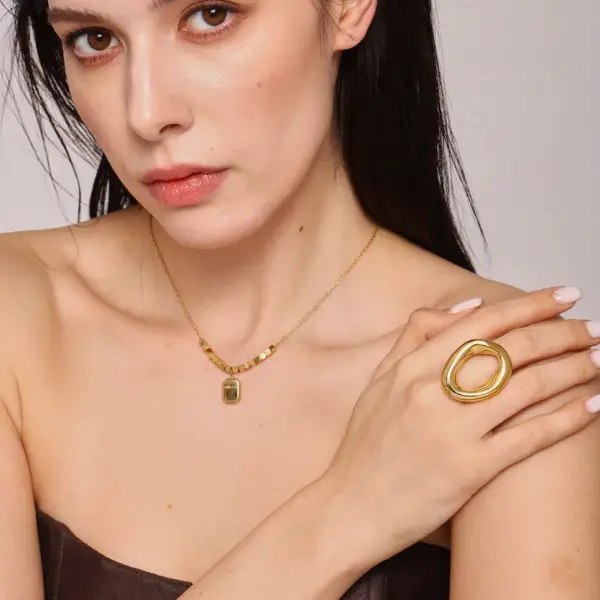 Wholesale PVD Coated Real Gold Plated 18K Gold Geometric 304 Stainless Steel Luxurious Vacation Waterproof Non Tarnish Rings Necklace