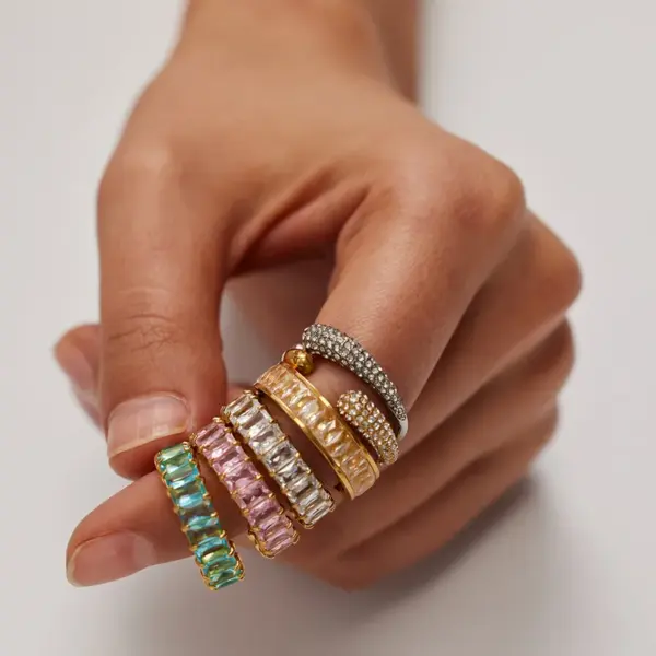 Wholesale Jewelry INS Style Shiny Round 304 Stainless Steel Zircon PVD Coated Plating Inlay Rings