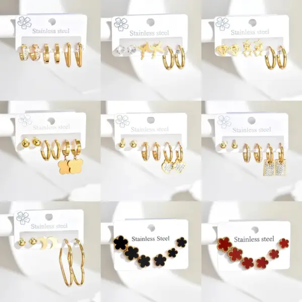 Wholesale Three Pairs Fashion 304 Stainless Steel Geometric Heart Flower Rectangle Three-Dimensional Hoop Earrings Set For Women Daily 18K Gold Plated