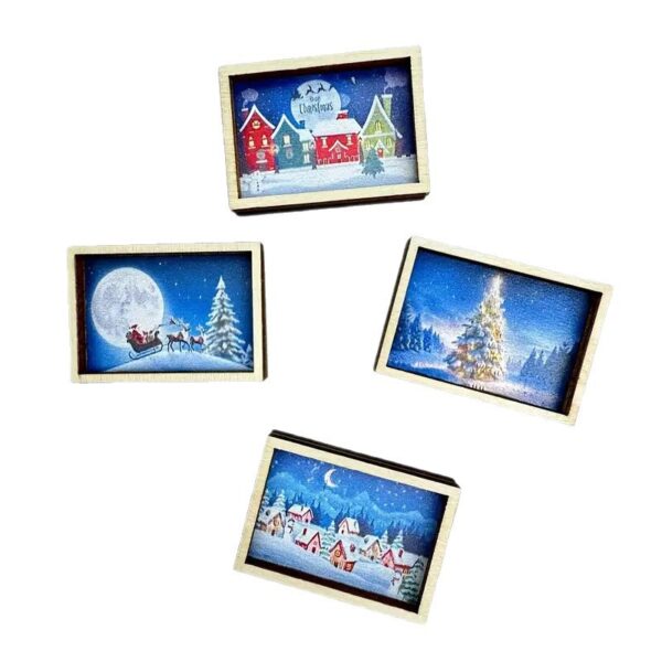 Wholesale 4-piece mini Christmas art wooden frame set | Santa Claus | Reindeer | Christmas Village | Miniature holiday scene toys