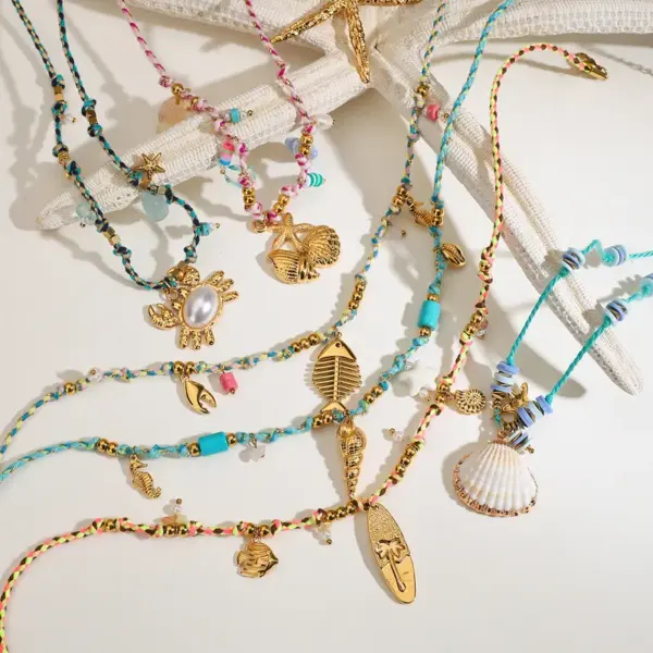 Wholesale Vacation Beach Simple Style Geometric 304 Stainless Steel Natural Stone PVD Coated 18K Real Gold Plated Handmade Chain Woven Chain Bracelets Necklace In Bulk