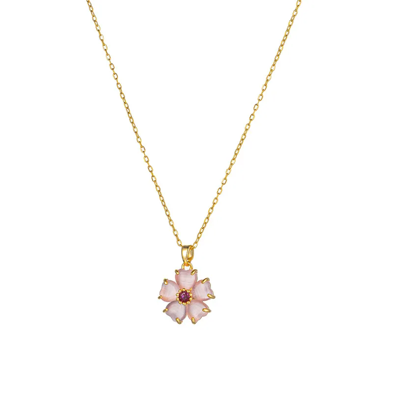 Wholesale Jewelry Elegant Flower 304 Stainless Steel Cat's Eye Stone Inlay Pendant Necklace