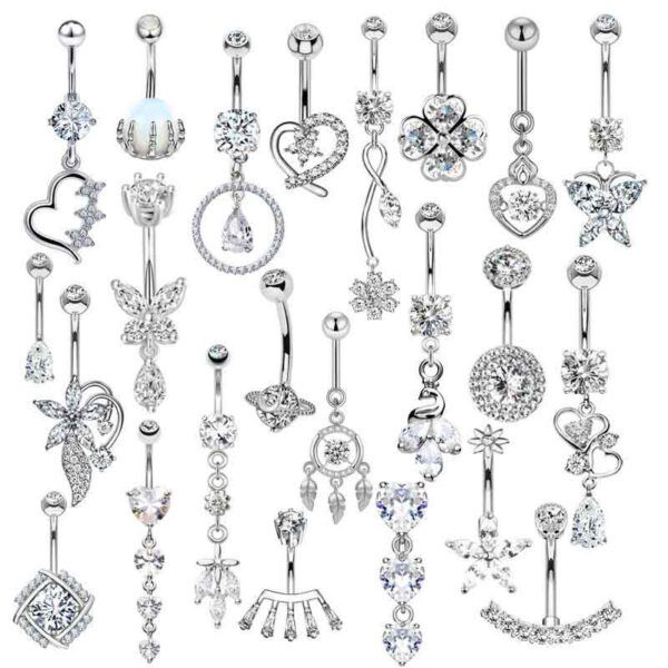 1 Piece 316L Stainless Steel Copper Zircon Belly Rings Heart Shape Wings Butterfly Waterproof Non Tarnish Surgical Steel Unisex