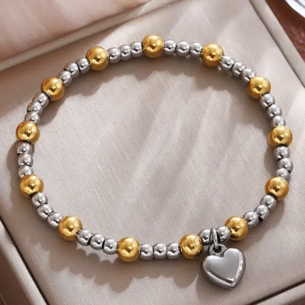 Wholesale Fashionable Stainless Steel Heart Pendant Bracelet For Women Gold Plated Beaded Jewelry Suitable Daily Wear Ideal Valentine's Day Mother's Gift