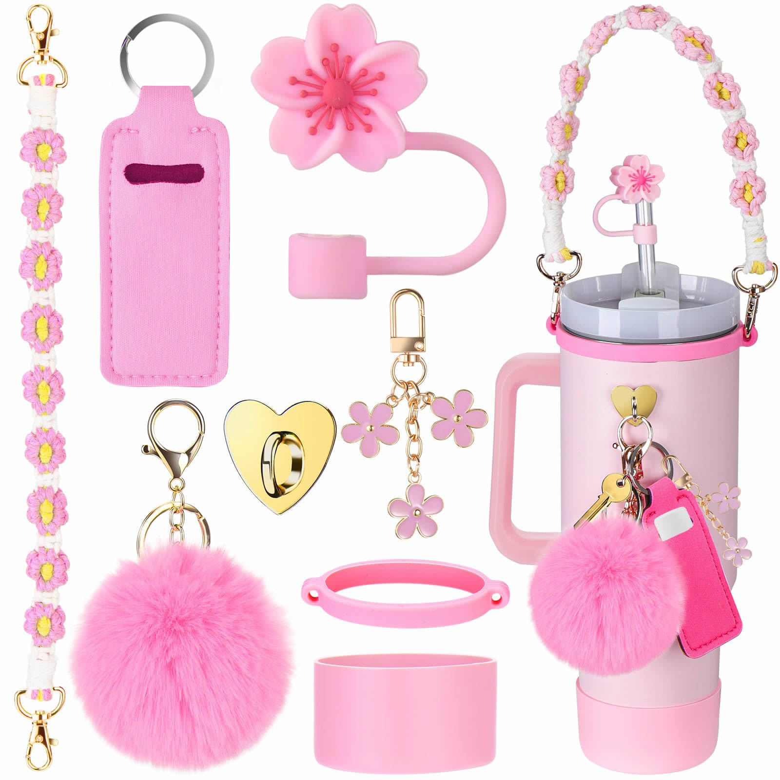 Wholesale C Decorative Straw Cap C Set C Chain Ins Colorful Begonia Flower Key Pendant Fur Ball Pendant