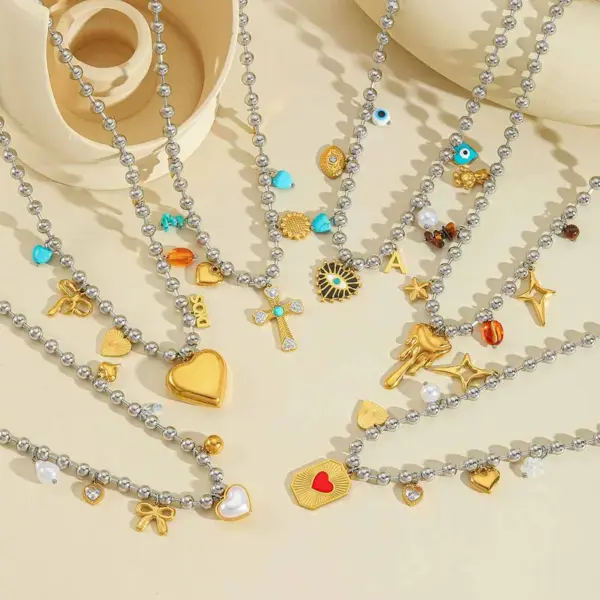 Ion Plating (IP) 18K Gold Plated Cross Heart Shape Eye 304 Stainless Steel Elegant Cute Artistic Multi Charms Necklace
