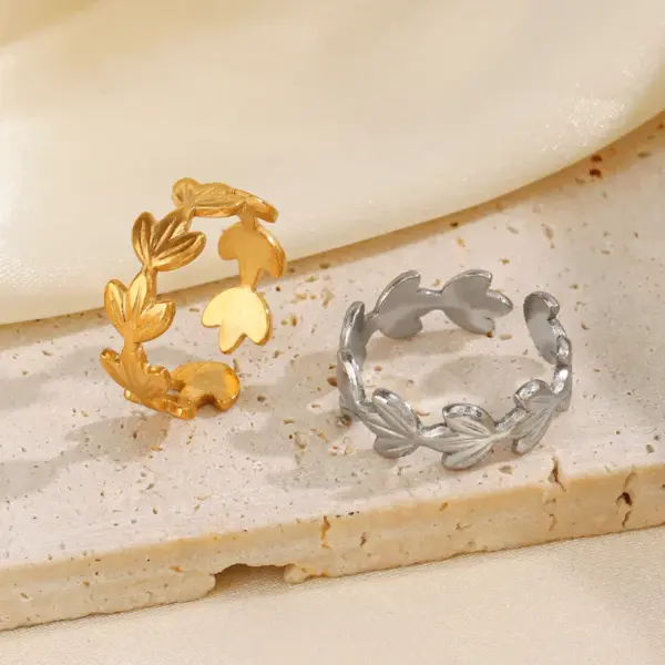 PVD Coated 18K Gold Plated Leaves 304 Stainless Steel IG Style Waterproof Non Tarnish Open Rings