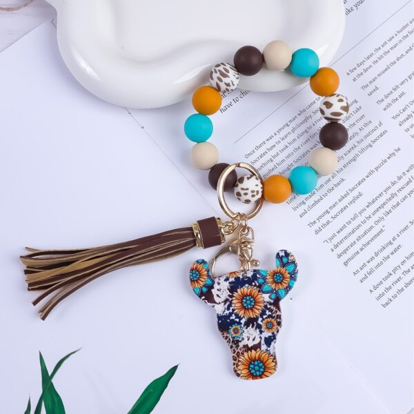 Wholesale Western-style silicone beaded tassel wooden keychain