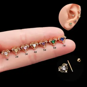Wholesale 1 Piece 316L Stainless Steel Copper Zircon Ear Cartilage Rings & Studs Heart Shape Waterproof Non Tarnish Surgical Steel Women'S