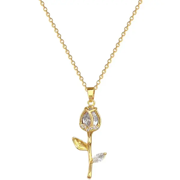 Wholesale Titanium Steel Copper Gold Plated Inlay Tulip Artificial Pearls Zircon Pendant Necklace