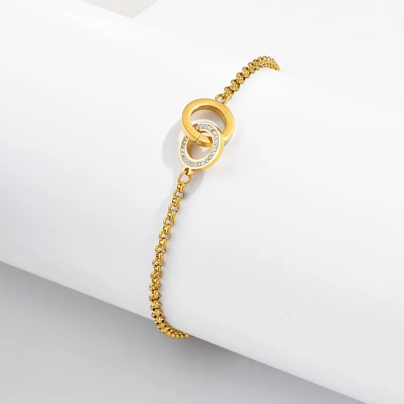 Wholesale Fashion Round 304 Stainless Steel 14K Gold Plated Rhinestones Stainless Steel Bracelets In Bulk