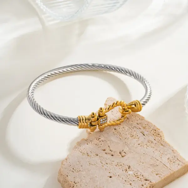 304 Stainless Steel Geometric Ion Plating (IP) Stone-Free 18K Real Gold Plated Casual Lady Rock Waterproof Non Tarnish Plating Inlay Gold Steel Color Intercolor Bangle