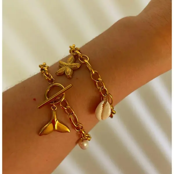 304 Stainless Steel Sun Starfish Turtle PVD Coated Rhinestones Real Gold Plated Marine Style Commute Waterproof Non Tarnish Surgical Steel Gold Bangle