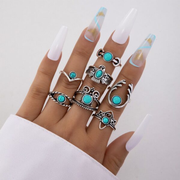 oly-9b03b6704905cee42d64d74e6789b03b Wholesale Vintage Antique Turquoise Inlaid Exaggerated Ring suit Flower Crown Leaves Eagle Joint Ring Eight-piece Set