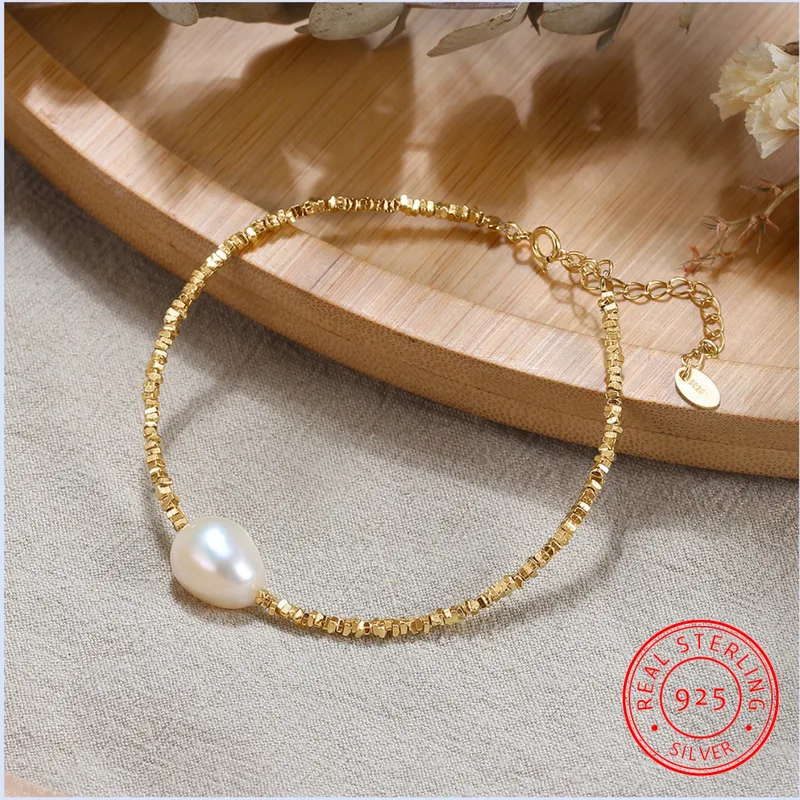 Wholesale 1 Piece 925 Sterling Sier Baroque Pearl Handmade Small Sier Block 14K Gold Plated Rhodium Plated Broken Sier Bracelets