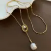 Stainless Steel Pearl Extender Chain Fashionable Simple Sweater Chain Clavicle Chain Pendant Trendy Geometric Pattern Titanium Steel Necklace For Women