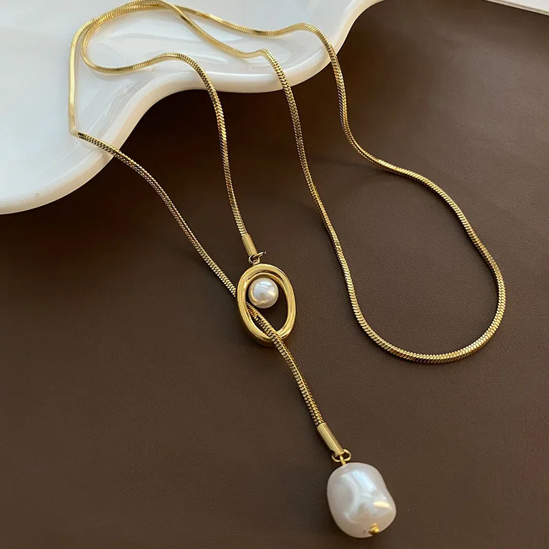 Wholesale Stainless Steel Pearl Extender Chain Fashionable Simple Sweater Chain Clavicle Chain Pendant Trendy Geometric Pattern Titanium Steel Necklac