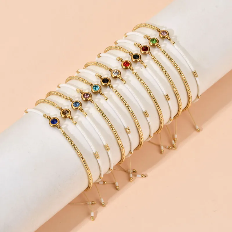 Wholesale Casual Simple Style Round Stainless Steel Seed Bead Rope Beaded Inlay Zircon Bracelets