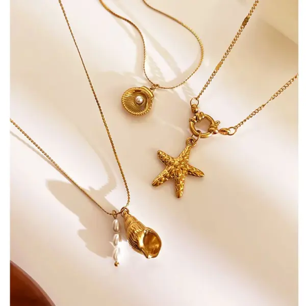 304 Stainless Steel Starfish Conch Shell PVD Coated Imitation Pearl Real Gold Plated Marine Style Waterproof Non Tarnish Surgical Steel Cross Chain Box Chain Lobster Trigger Clasp Closure Gold Pendant Necklace