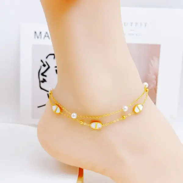 Wholesale Jewelry Casual Cute Beach Shell Fish 304 Stainless Steel Acrylic Imitation Pearl Zircon 18K Gold Plated Plating Inlay Anklet