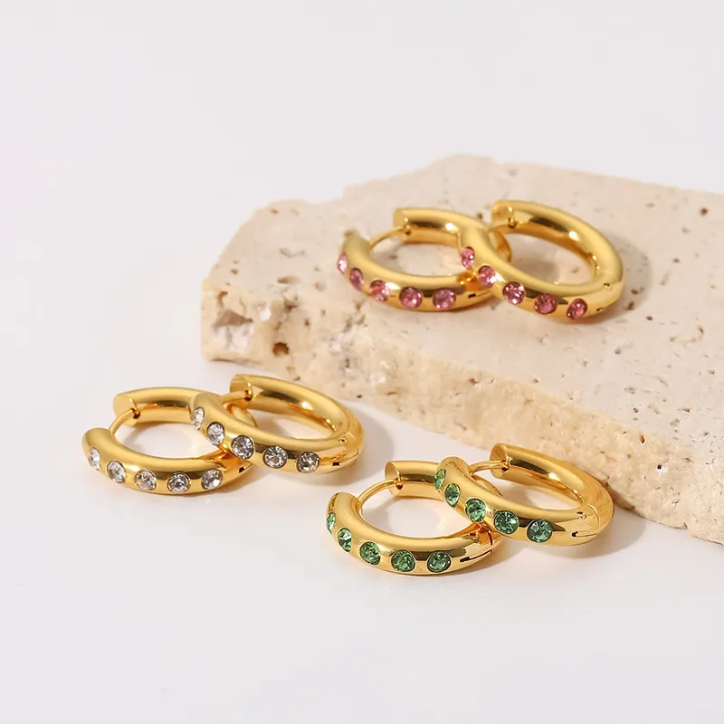 Wholesale Fashion 18K Gold Plated Stainless Steel Earrings, Inlaid With Red, Pink, Green, And White Zircon, Suitable For Women