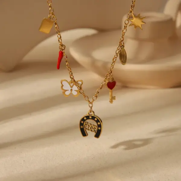 Wholesale Ion Plating (IP) 18K Gold Plated Elephant Butterfly Bow Knot 304 Stainless Steel Vintage Style Simple Artistic Pendant Necklace