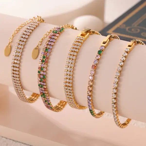 Wholesale 304 Stainless Steel Quadrilateral Round PVD Coated Zircon Real Gold Plated Elegant Simple Style Waterproof Non Tarnish Plating Inlay Tennis Chain Lobster Trigger Clasp Closure Bracelets