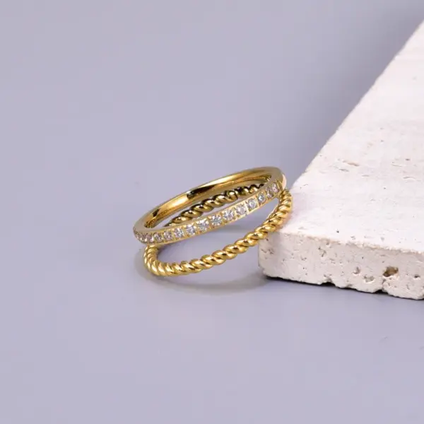 Wholesale 304 Stainless Steel Solid Color PVD Coated Zircon 18K Real Gold Plated Simple Style Classic Style Commute Waterproof Non Tarnish Plating Inlay Gold Rings