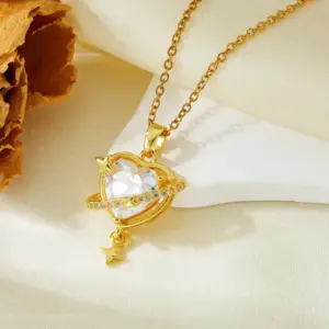 Gold White Diamond Heart Planet Necklace T021