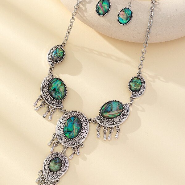 Wholesale New European and American Retro Fashion Oval Flower Abalone Shell Earrings Necklace Earrings