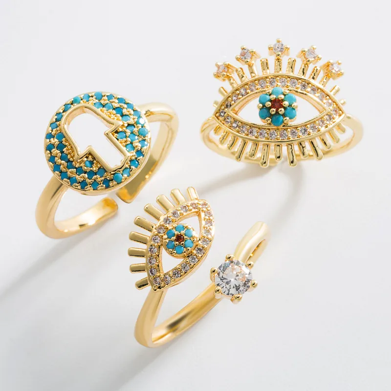 Wholesale Fashion Hollow Devil's Eye Copper Plated 18k Gold Micro-inlaid Zircon Ring