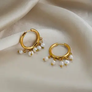 Wholesale PVD Coated Real Gold Plated 18K Gold Circle 201 Stainless Steel Freshwater Pearl Elegant Bohemian Roman Style Waterproof Non Tarnish Drop Earrings