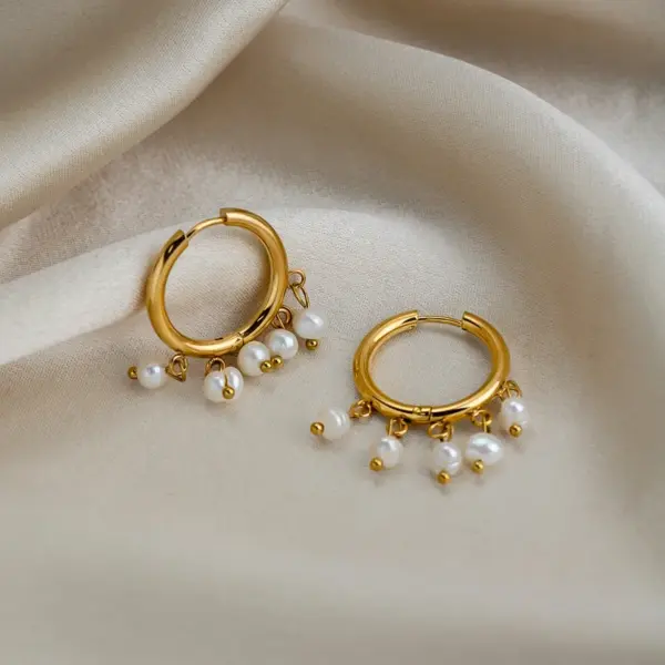 Wholesale PVD Coated Real Gold Plated 18K Gold Circle 201 Stainless Steel Freshwater Pearl Elegant Bohemian Roman Style Waterproof Non Tarnish Drop Earrings