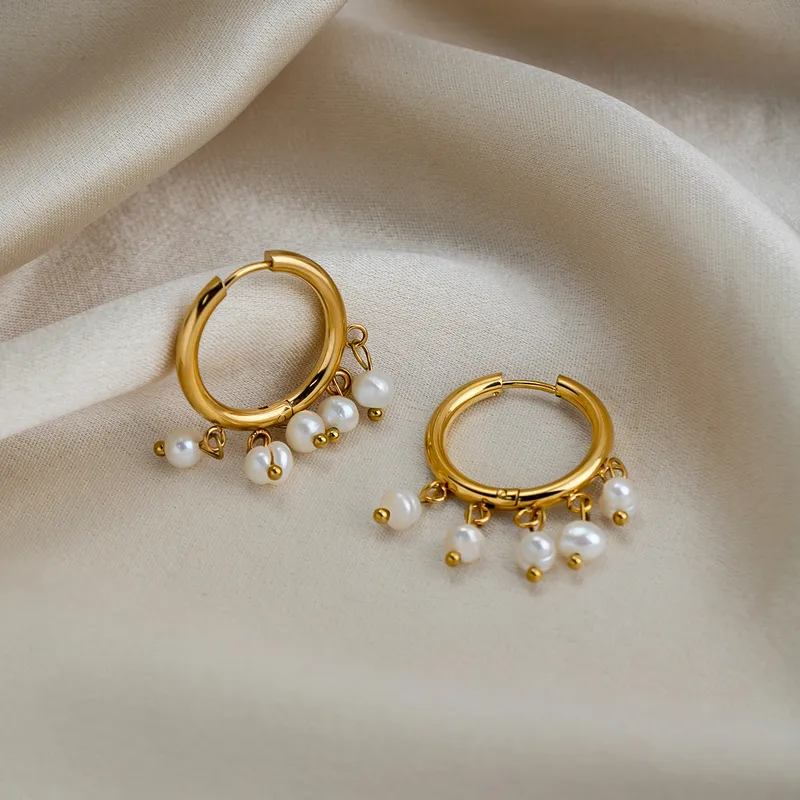 Wholesale PVD Coated Real Gold Plated 18K Gold Circle 201 Stainless Steel Freshwater Pearl Elegant Bohemian Roman Style Waterproof Non Tarnish Drop Ea