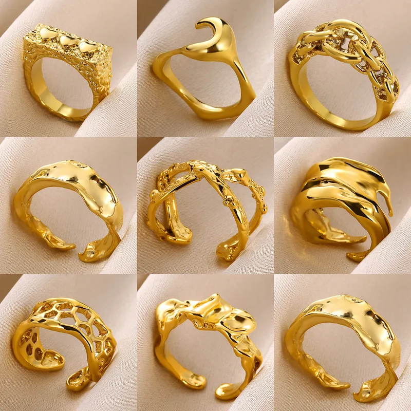 Wholesale PVD Coated Real Gold Plated Irregular Solid Color 304 Stainless Steel Elegant Waterproof Non Tarnish Open Rings