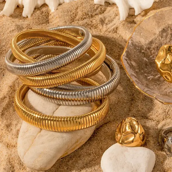 Wholesale Thick Popular Jewelry Elastic Wide Titanium Steel Bracelet Female Light Luxury Niche Exaggerated Metal Vertical Stripe Ring