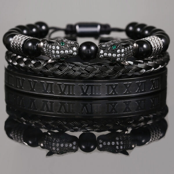 Wholesale Copper Micro-inlaid Zircon Double Leopard Head Black Onyx Woven Bracelet Men's Stainless Steel Roman Bracelet Stacked Bracelet Combination