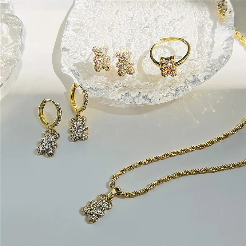 Wholesale Elegant Cute Simple Style Bear Copper Plating Inlay Zircon 18k Gold Plated Rings Earrings Necklace